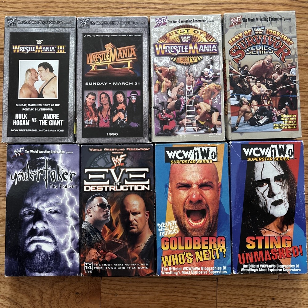 WWF /‎ WCW /NWO Wrestling VHS Lot of 8 Wrestlemania III 3, Andre, Goldberg, Hulk